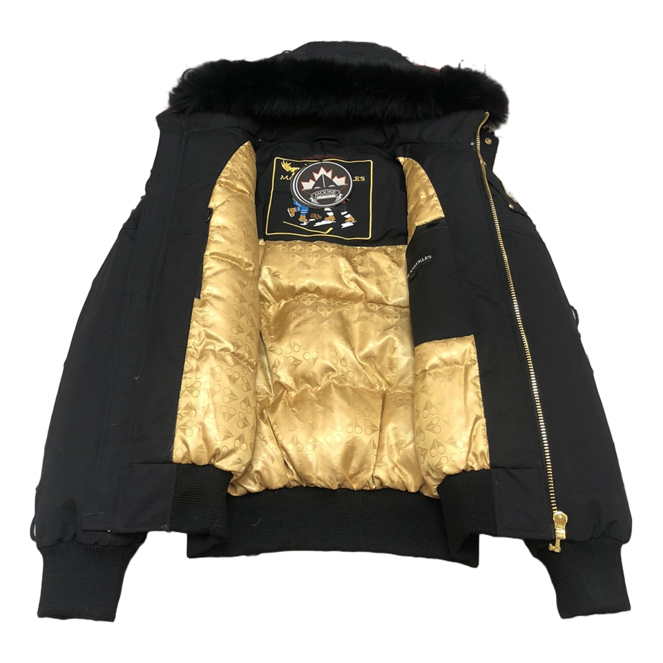 Moose Knuckles Gold Ballistic Bomber – Coyote Fur, Gold Hardware, Black