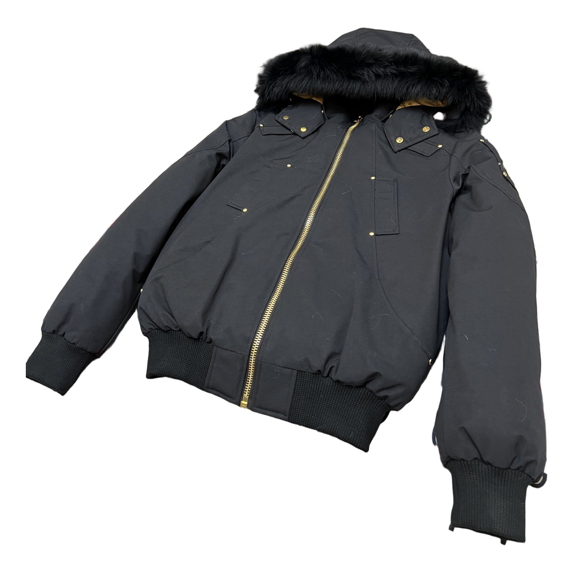 Moose Knuckles Gold Ballistic Bomber – Coyote Fur, Gold Hardware, Black