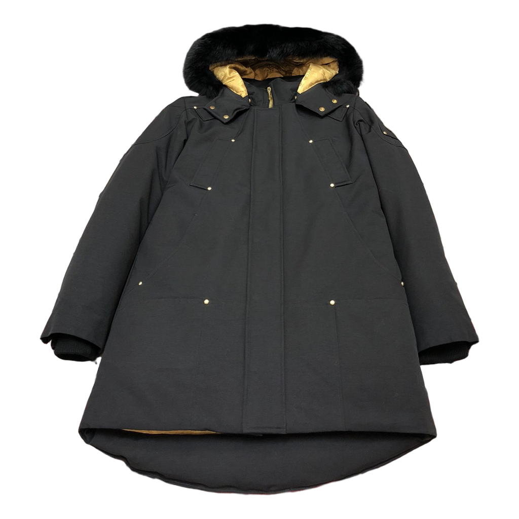 Moose Knuckles Gold-Lined Fur-Trim Long Parka – Black, Coyote Fur, Canadian Down