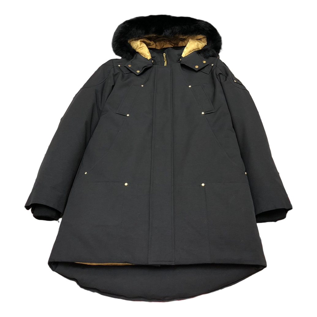 Moose Knuckles Gold-Lined Fur-Trim Long Parka – Black, Coyote Fur, Canadian Down
