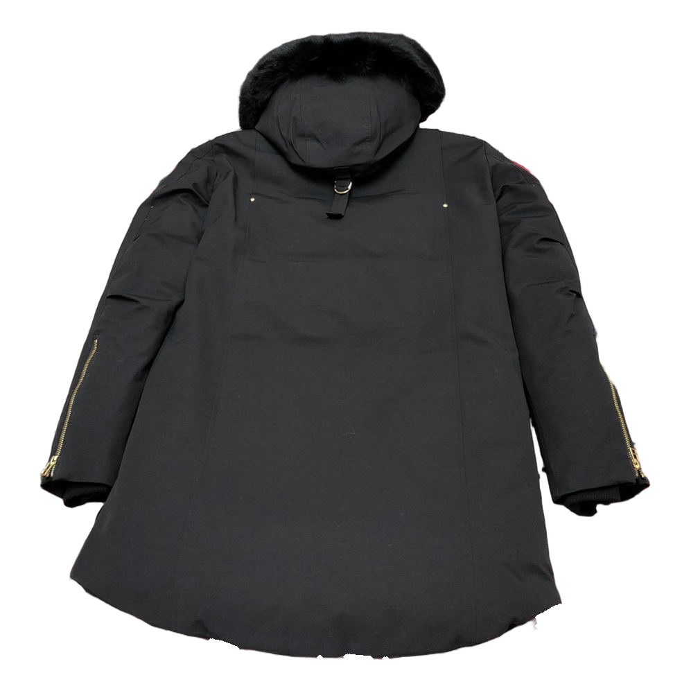 Moose Knuckles Gold-Lined Fur-Trim Long Parka – Black, Coyote Fur, Canadian Down