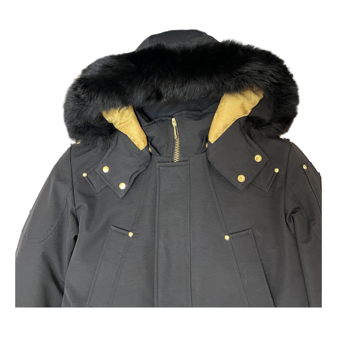 Moose Knuckles Gold-Lined Fur-Trim Long Parka – Black, Coyote Fur, Canadian Down