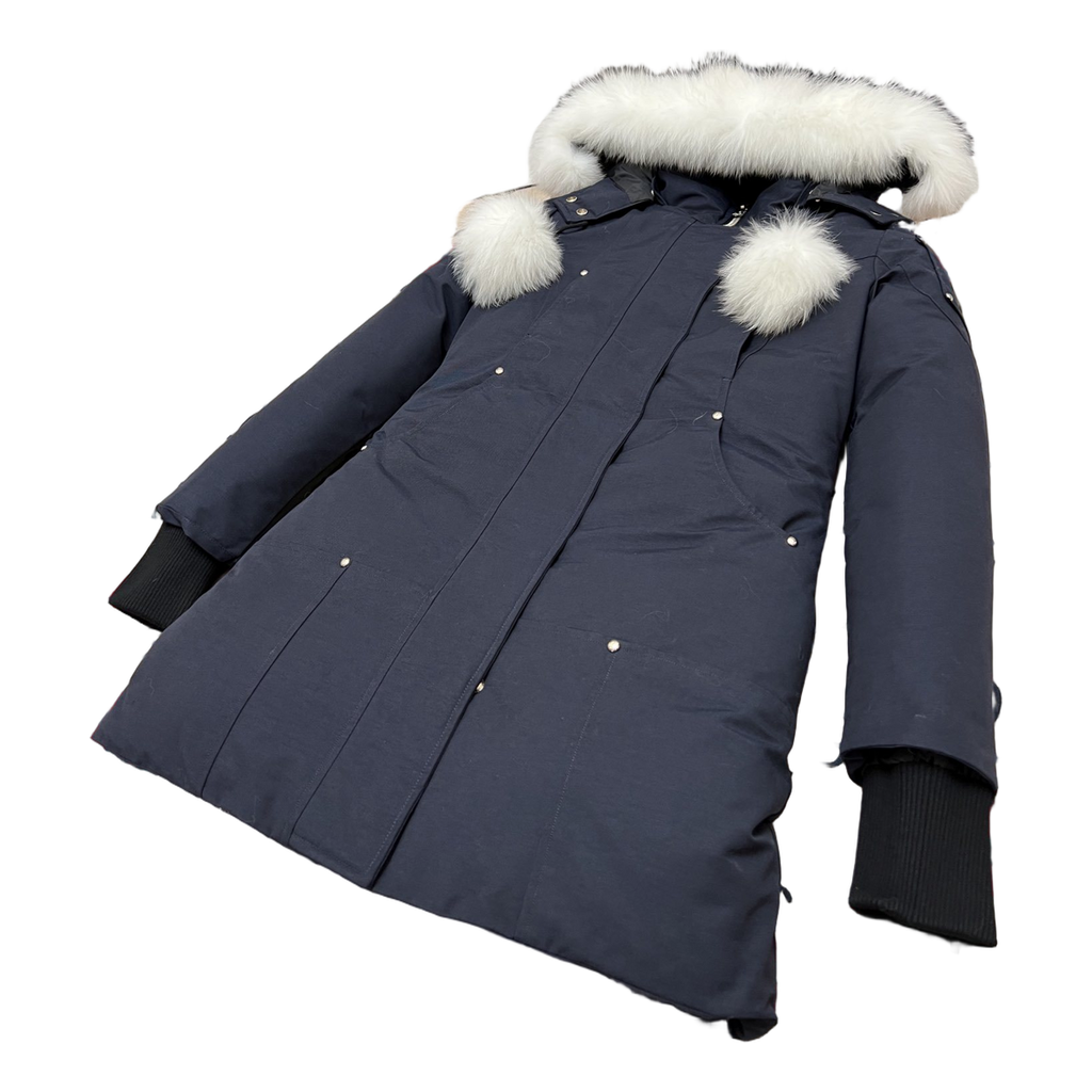 Moose Knuckles Stirling Parka – Pom-Pom, Coyote Fur, Canadian Down – Navy