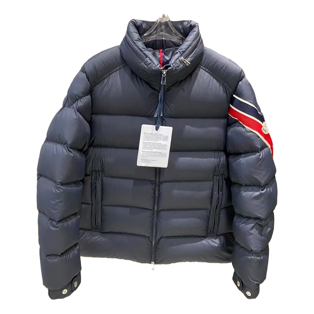 Moncler Tricolour Sleeve-Band Stand-Collar Puffer – Navy, Premium Down