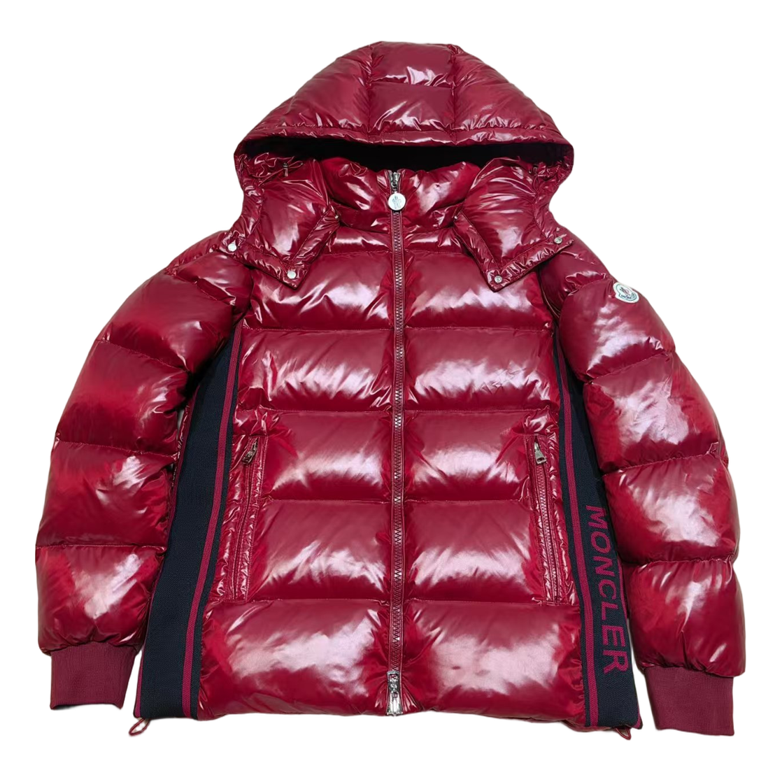 Moncler Logo-Zip Glossy Hooded Puffer Jacket – Red, Premium Down