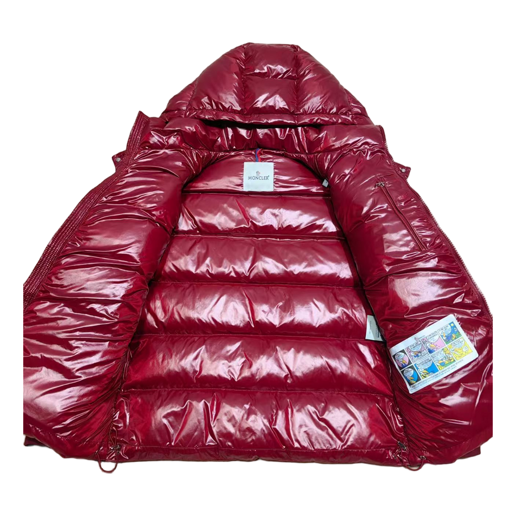 Moncler Logo-Zip Glossy Hooded Puffer Jacket – Red, Premium Down